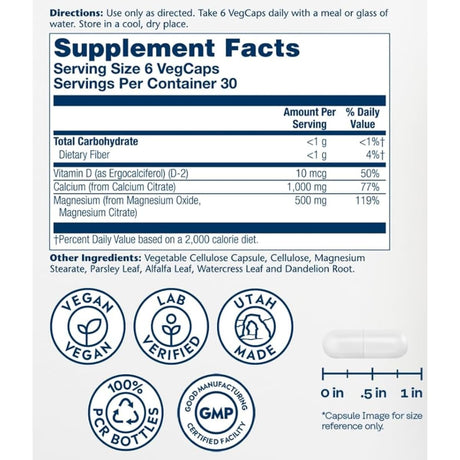 Información del suplemento de Solaray Cal-Mag Citrate con vitamina D 180 cápsulas vegetales