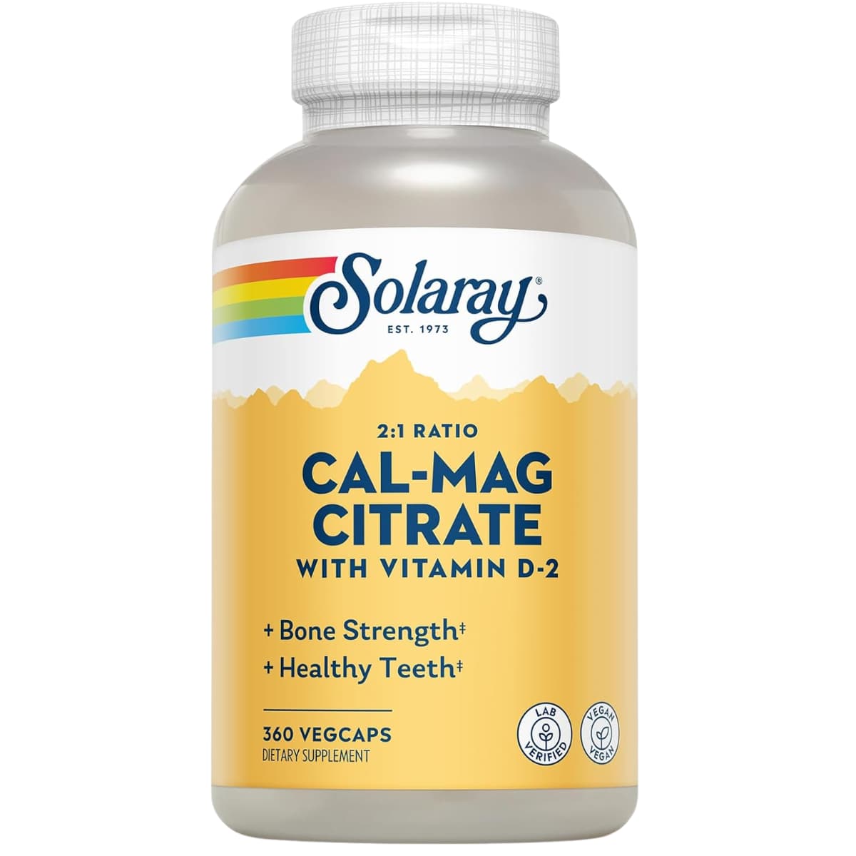 Frasco frontal de Solaray Cal-Mag Citrate con vitamina D 360 cápsulas vegetales