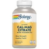 Frasco frontal de Solaray Cal-Mag Citrate con vitamina D 360 cápsulas vegetales