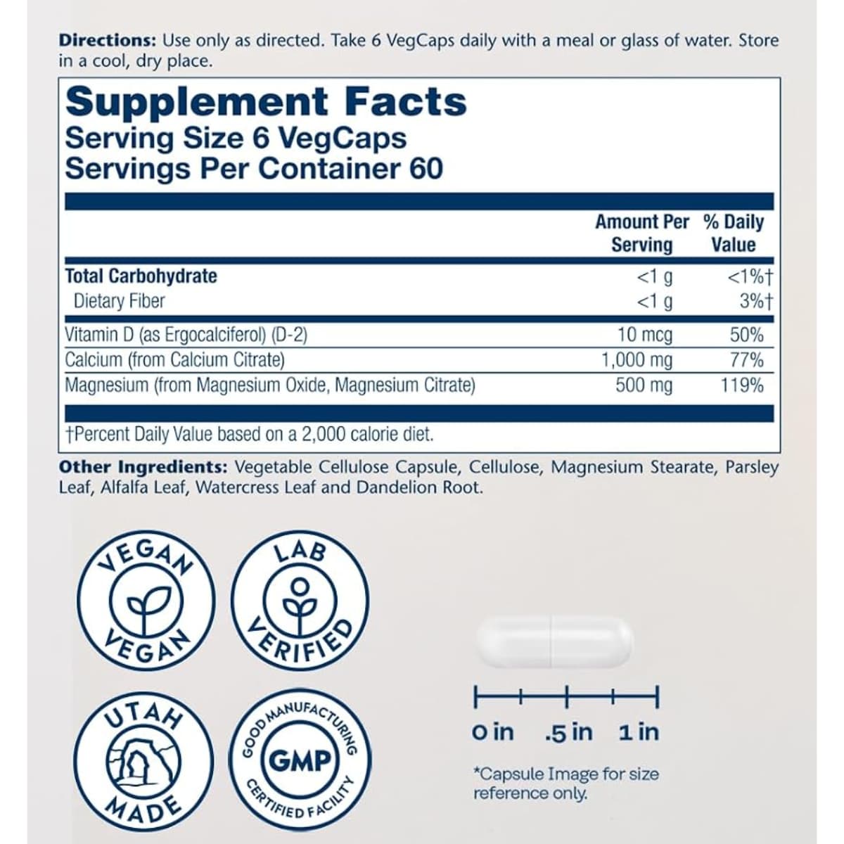 Información del suplemento de Solaray Cal-Mag Citrate con vitamina D 360 cápsulas vegetales