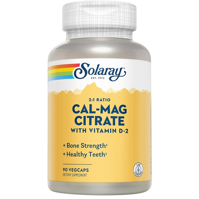 Frasco frontal de Solaray Cal-Mag Citrate con vitamina D 90 cápsulas vegetales