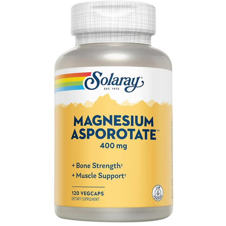 Frasco frontal de Solaray complejo de aspartato, citrato y orotato de magnesio 400 mg por porción 120 cápsulas vegetales