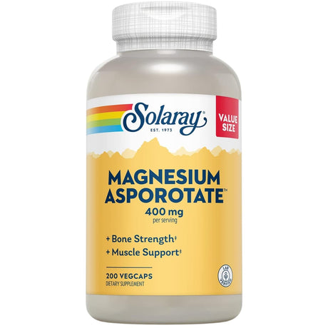Frasco frontal de Solaray complejo de aspartato, citrato y orotato de magnesio 400 mg por porción 200 cápsulas vegetales