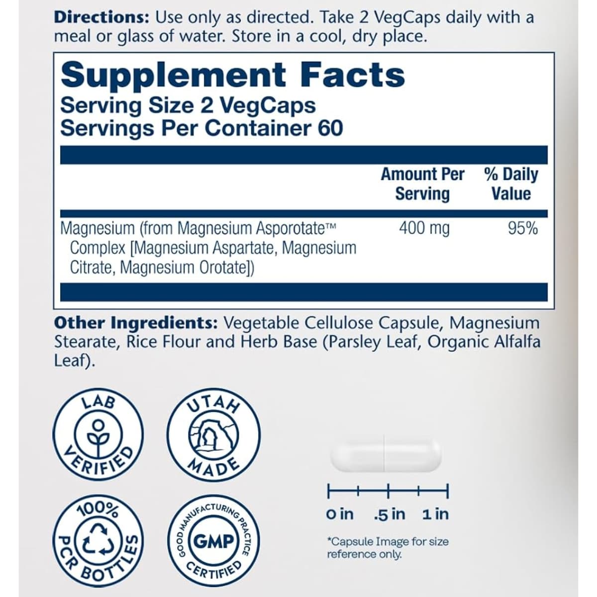 Información del suplemento Solaray complejo de aspartato, citrato y orotato de magnesio 400 mg por porción 120 cápsulas vegetales