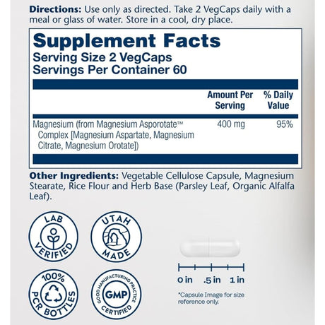 Información del suplemento Solaray complejo de aspartato, citrato y orotato de magnesio 400 mg por porción 120 cápsulas vegetales