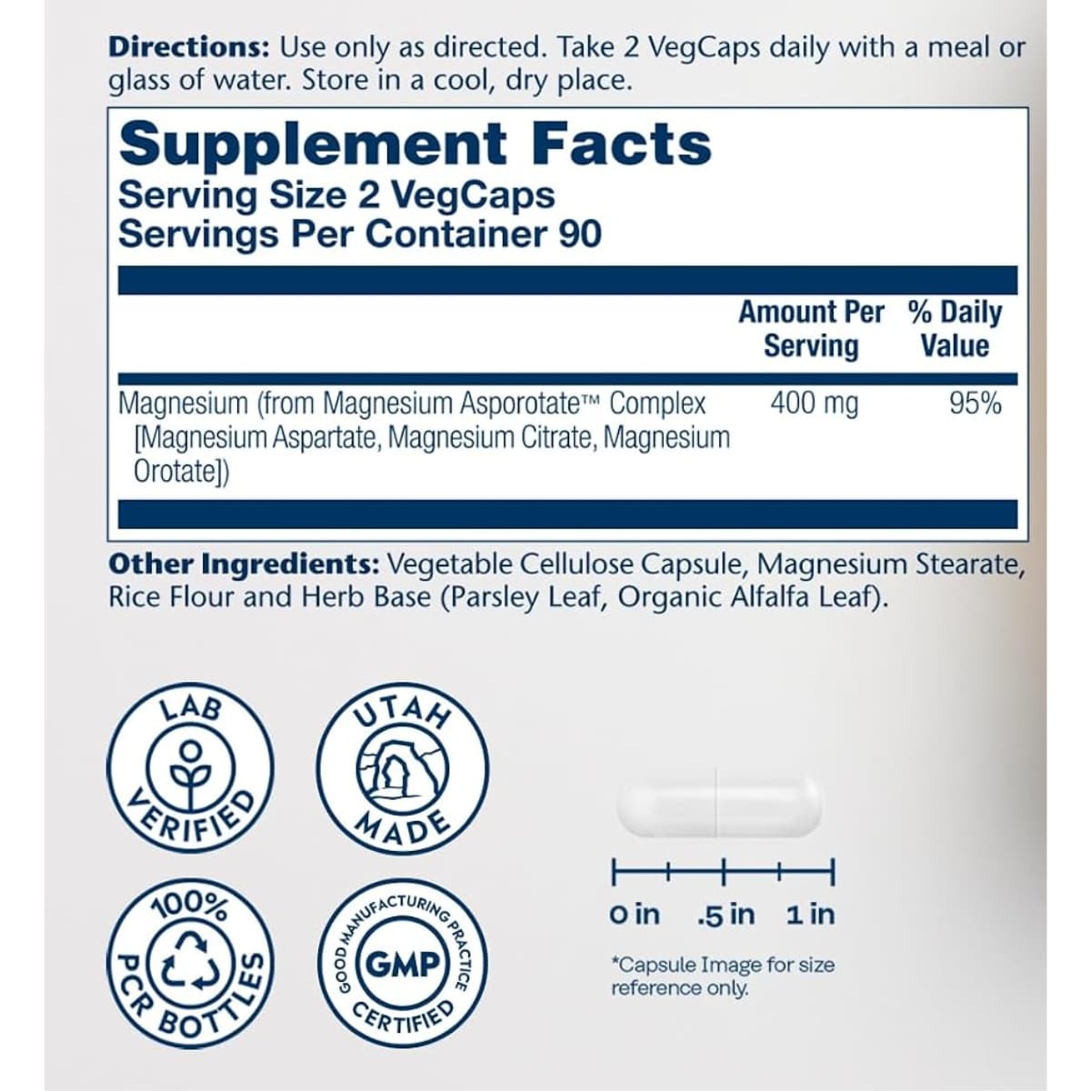 Información del suplemento Solaray complejo de aspartato, citrato y orotato de magnesio 400 mg por porción 180 cápsulas vegetales