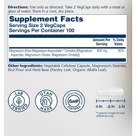 Información del suplemento Solaray complejo de aspartato, citrato y orotato de magnesio 400 mg por porción 200 cápsulas vegetales