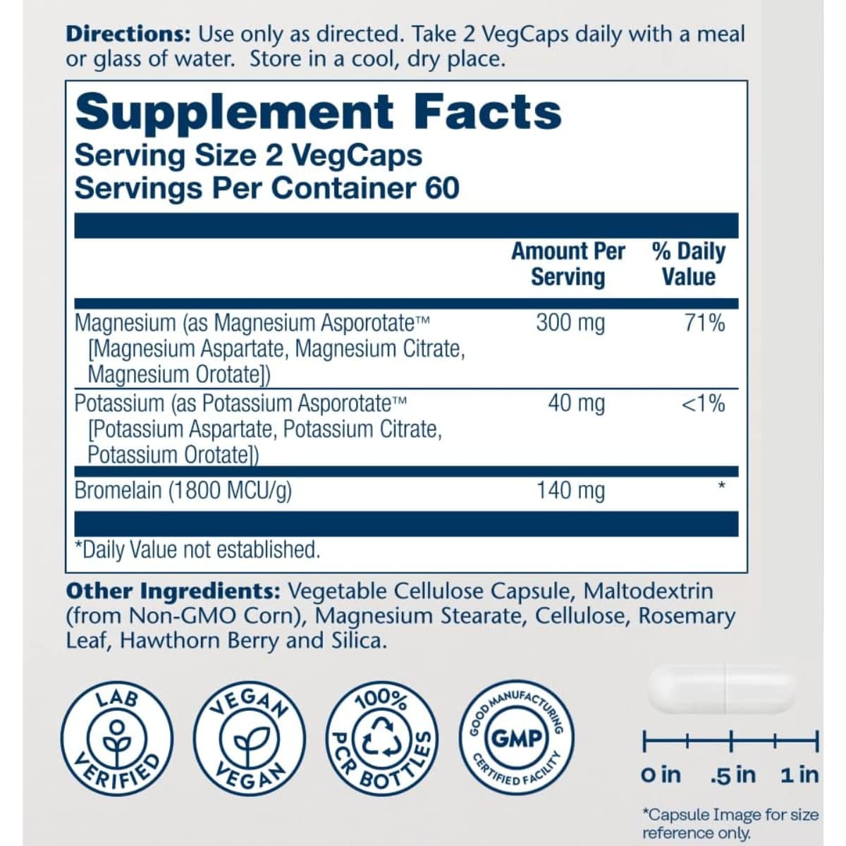 Información del suplemento Solaray complejo de magnesio con potasio y bromelina 120 cápsulas vegetales