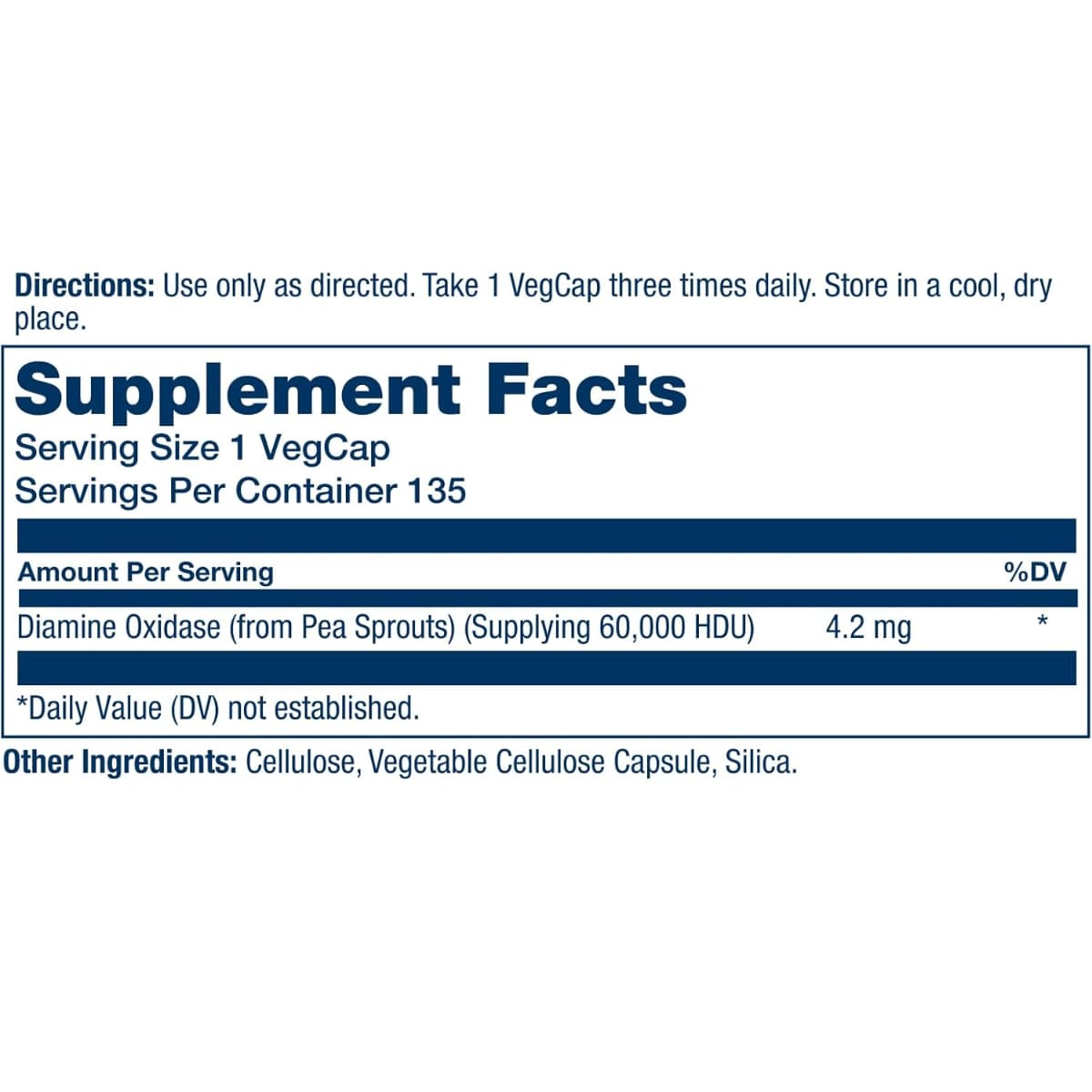 Tabla nutricional del suplemento Solaray Enzima DAO 4.2 mg 135 cápsulas