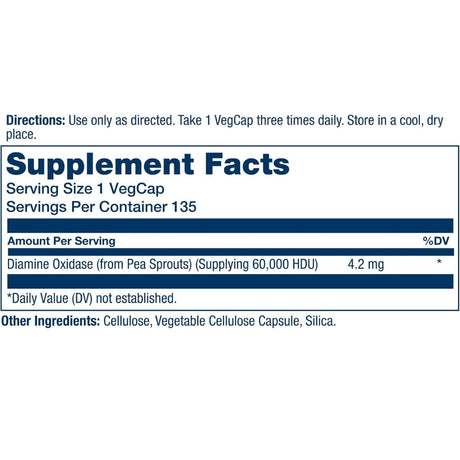 Tabla nutricional del suplemento Solaray Enzima DAO 4.2 mg 135 cápsulas