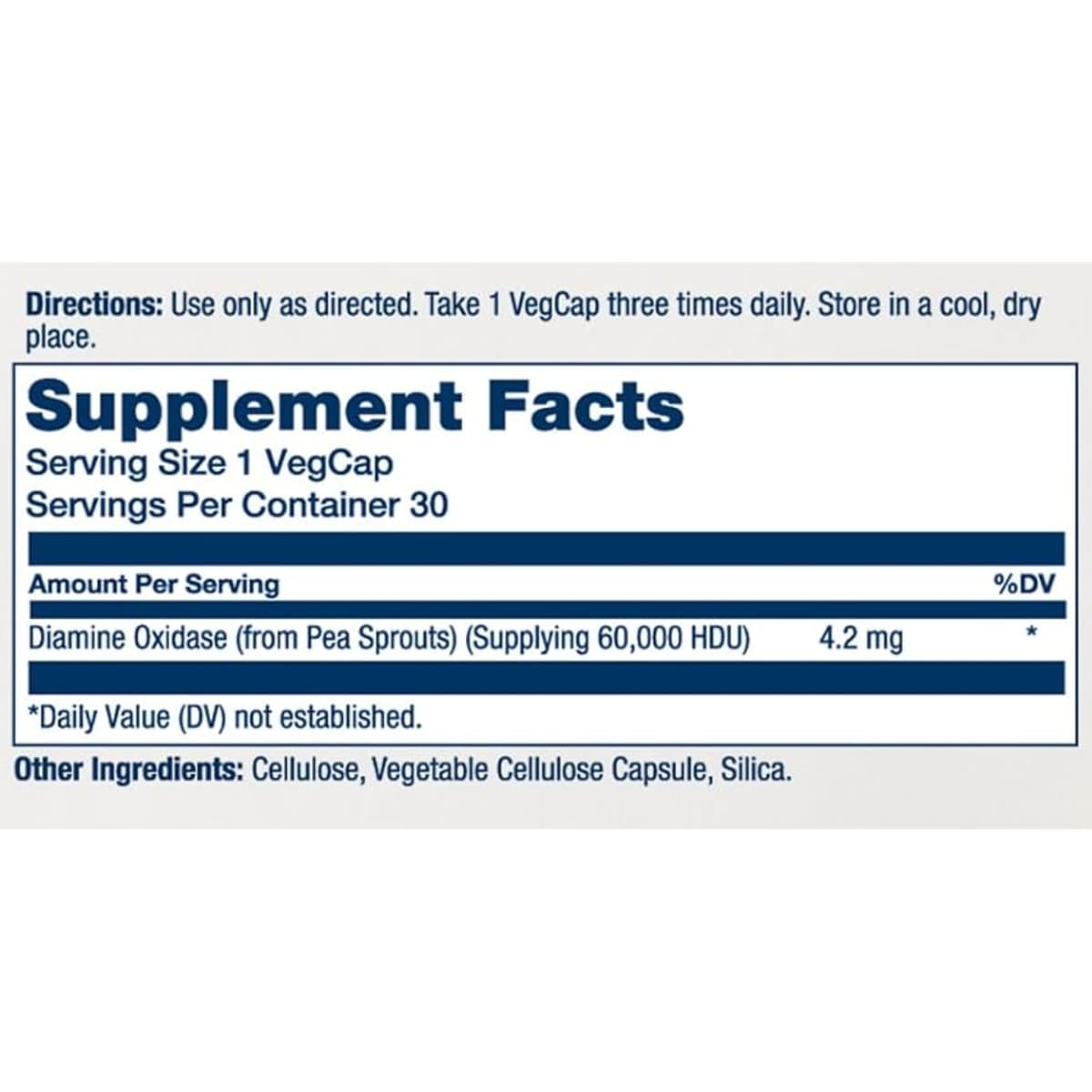 Tabla nutricional del suplemento Solaray Enzima DAO 4.2 mg 30 cápsulas