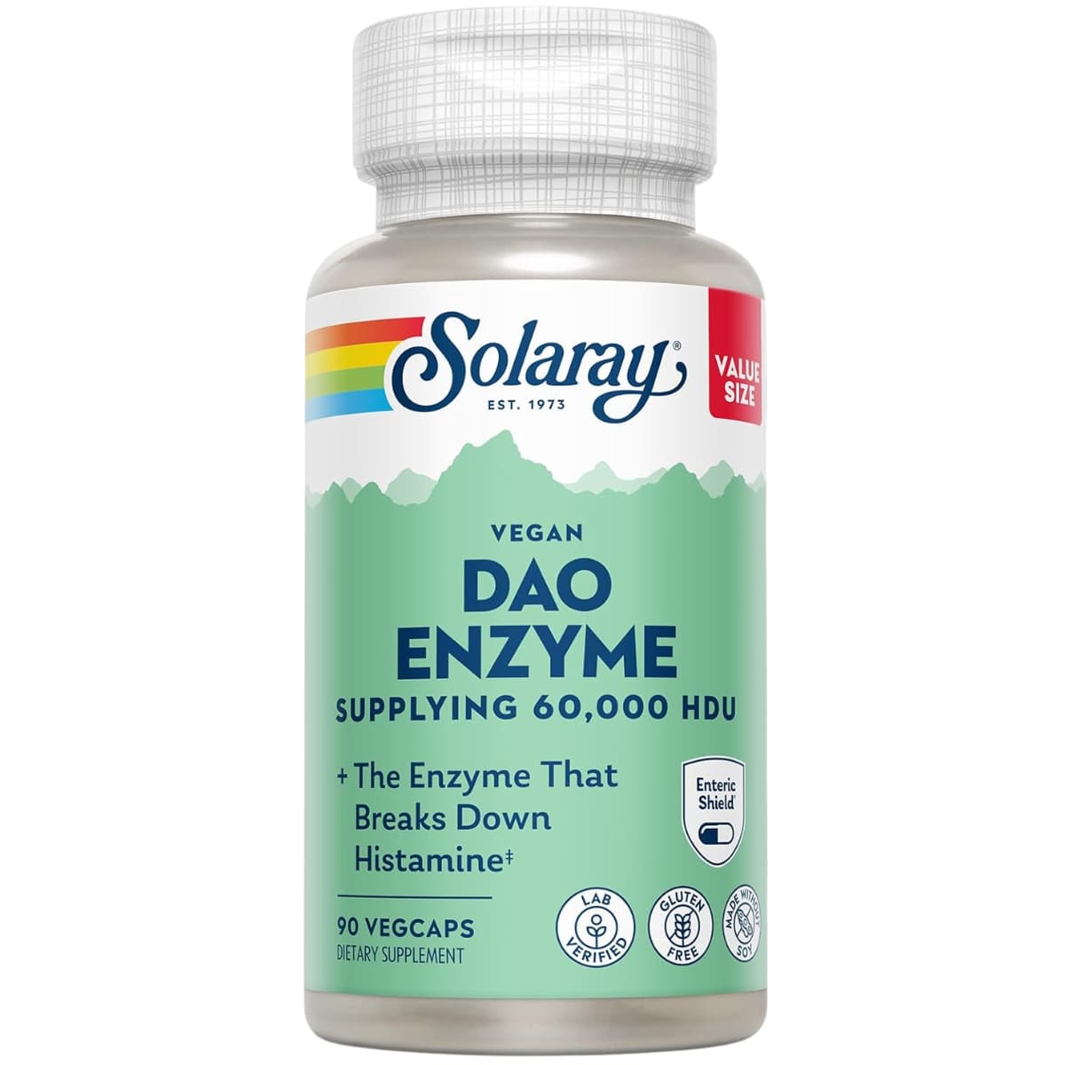 Frasco de suplemento Solaray Enzima DAO 4.2 mg 90 cápsulas