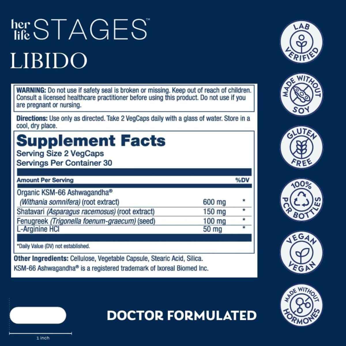 Tabla nutricional del suplemento Solaray Her Life Stages Fórmula de Ashwagandha y Shatavari 60 cápsulas veganas