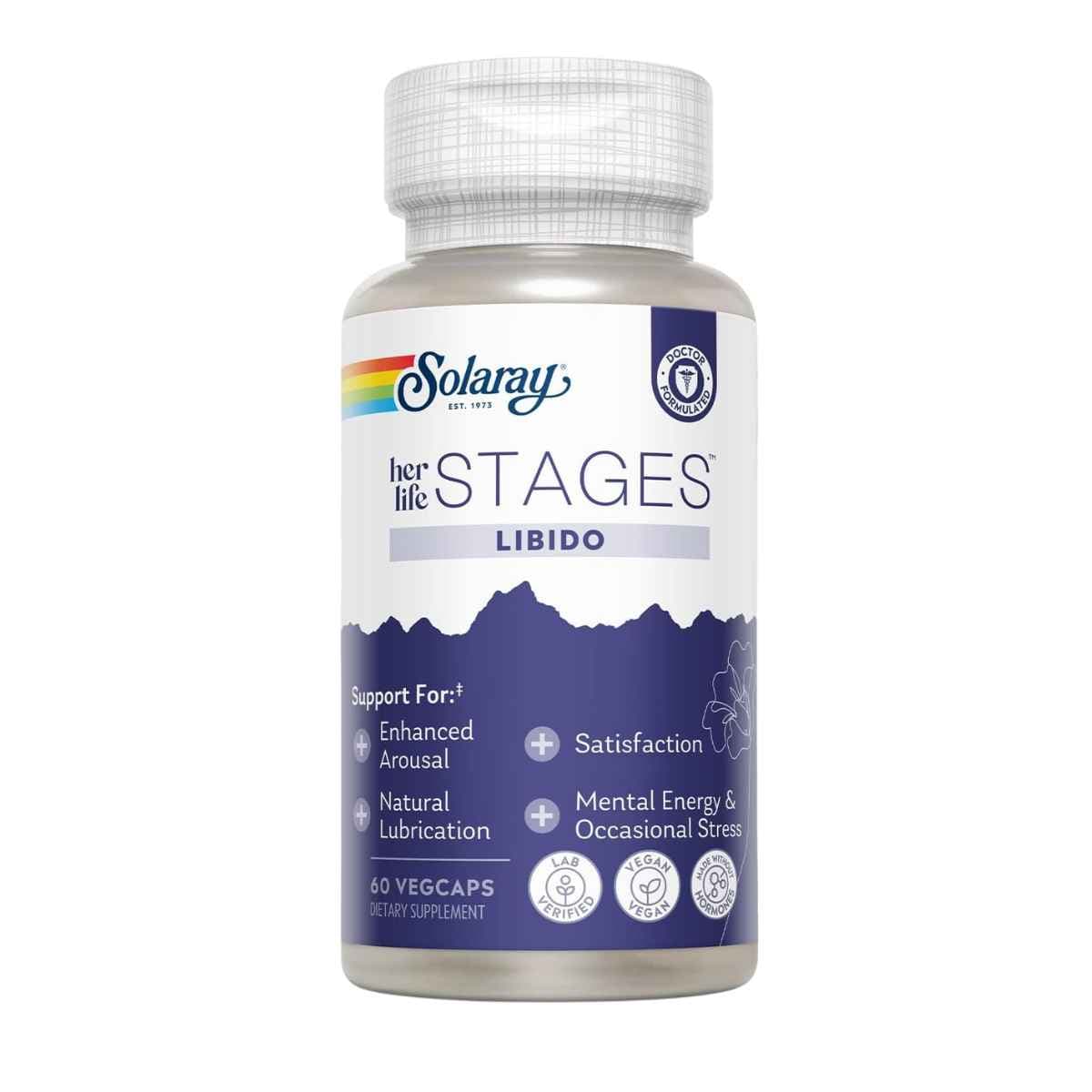 Frasco de suplemento Solaray Her Life Stages Fórmula de Ashwagandha y Shatavari 60 cápsulas veganas