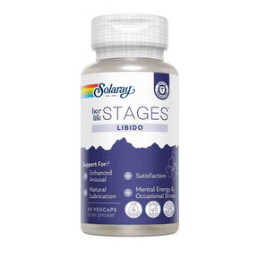 Frasco de suplemento Solaray Her Life Stages Fórmula de Ashwagandha y Shatavari 60 cápsulas veganas