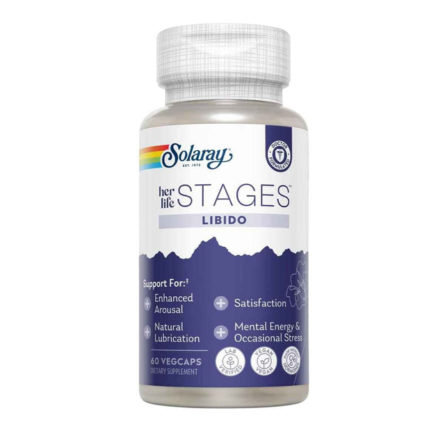 Frasco de suplemento Solaray Her Life Stages Fórmula de Ashwagandha y Shatavari 60 cápsulas veganas