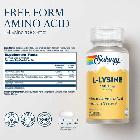 Tabla nutricional del suplemento Solaray L-Lisina 1000 mg 90 tabletas