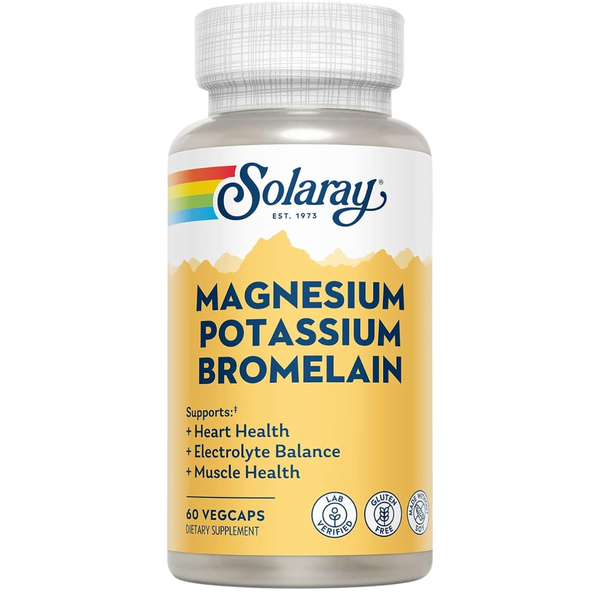 Frasco frontal de Solaray magnesio potasio y bromelina 300 mg de magnesio por porción 60 cápsulas vegetales