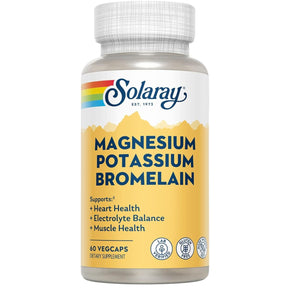 Frasco frontal de Solaray magnesio potasio y bromelina 300 mg de magnesio por porción 60 cápsulas vegetales
