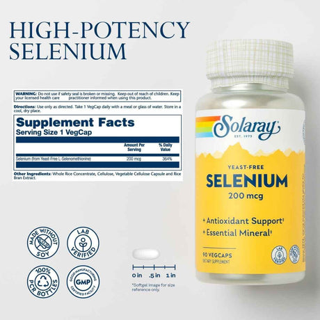 Tabla nutricional del suplemento Solaray Selenio Libre de Levadura 90 cápsulas vegetales
