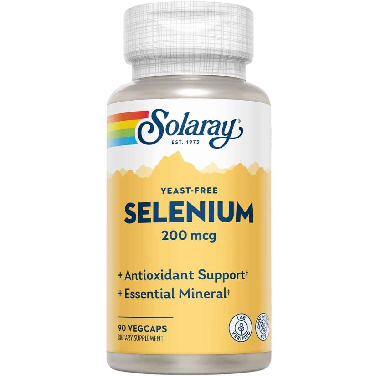 Frasco de suplemento Solaray Selenio Libre de Levadura 90 cápsulas vegetales