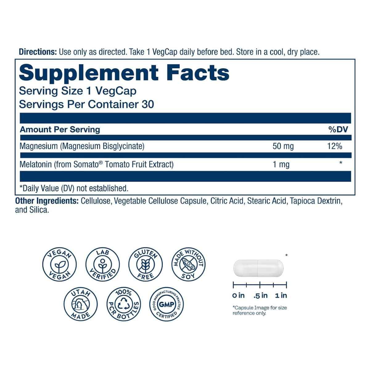 Información del suplemento de Solaray SleepMag con magnesio y melatonina vegetal