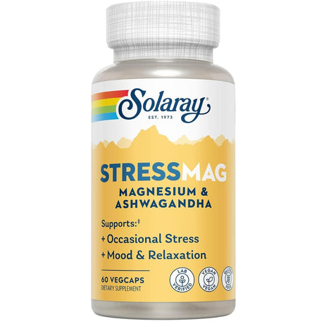 Frasco frontal de Solaray StressMag magnesio y ashwagandha 60 cápsulas vegetales