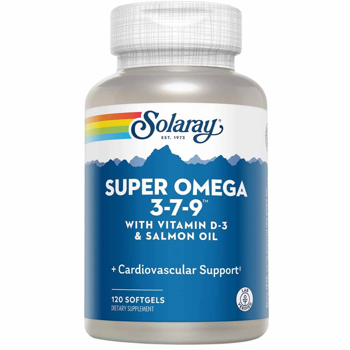 Frasco Solaray Super Omega 3-7-9 con vitamina D3 y aceite de salmón, 120 cápsulas blandas.