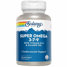 Frasco Solaray Super Omega 3-7-9 con vitamina D3 y aceite de salmón, 120 cápsulas blandas.