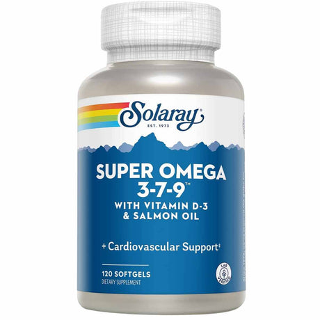 Frasco Solaray Super Omega 3-7-9 con vitamina D3 y aceite de salmón, 120 cápsulas blandas.