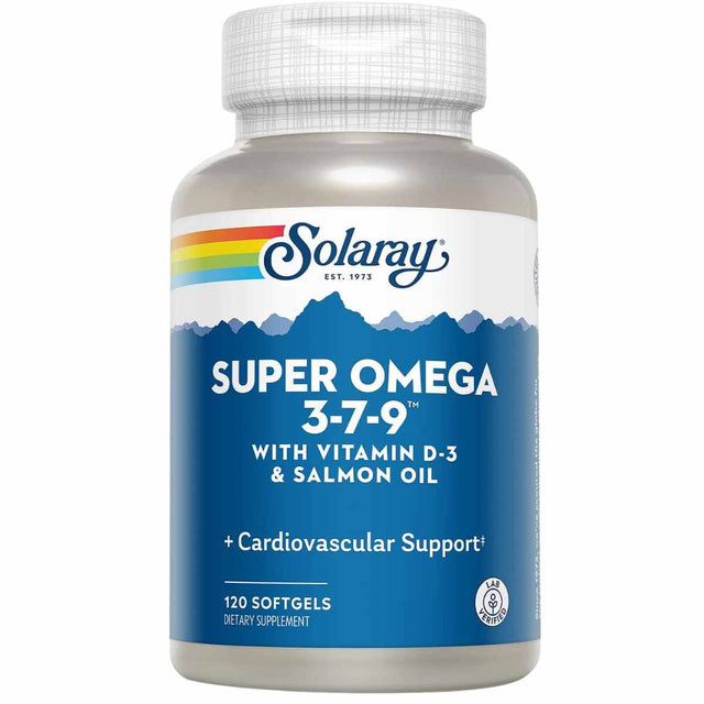 Frasco Solaray Super Omega 3-7-9 con vitamina D3 y aceite de salmón, 120 cápsulas blandas.