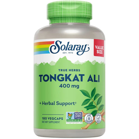 Frasco de suplemento Solaray Tongkat Ali 400 mg 180 cápsulas