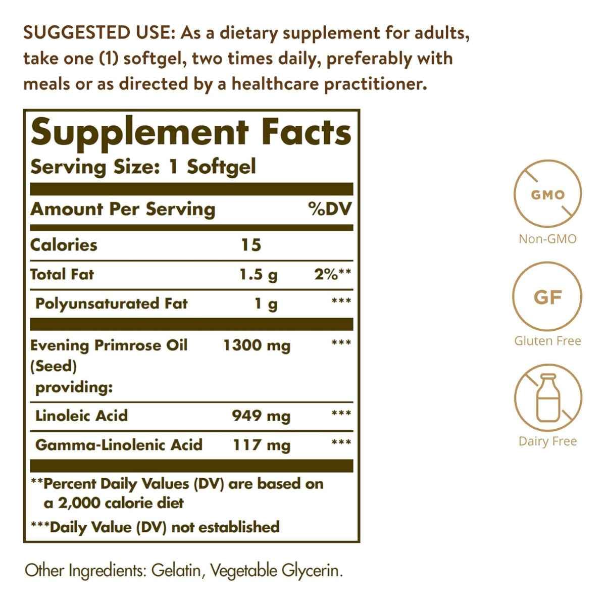 Tabla nutricional del suplemento Solgar Aceite de Onagra 1300 mg 60 cápsulas blandas