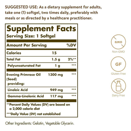 Tabla nutricional del suplemento Solgar Aceite de Onagra 1300 mg 60 cápsulas blandas
