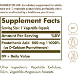 Tabla nutricional del suplemento Solgar Ácido Pantoténico 550 mg 100 cápsulas vegetales