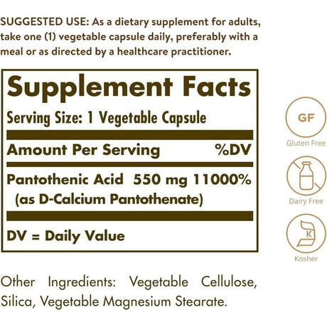 Tabla nutricional del suplemento Solgar Ácido Pantoténico 550 mg 100 cápsulas vegetales