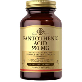 Frasco de suplemento Solgar Ácido Pantoténico 550 mg 100 cápsulas vegetales