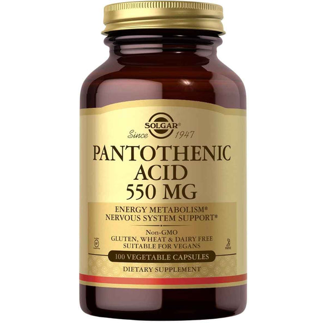 Frasco de suplemento Solgar Ácido Pantoténico 550 mg 100 cápsulas vegetales