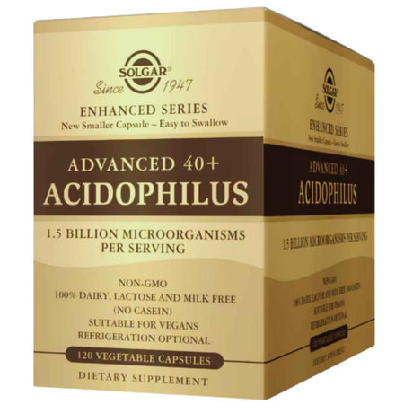 Frasco de suplemento Solgar Advanced 40+ Acidophilus 120 cápsulas vegetales