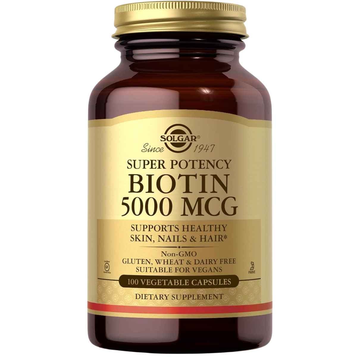 Solgar biotina 5000 mcg, frasco de 100 cápsulas vegetales
