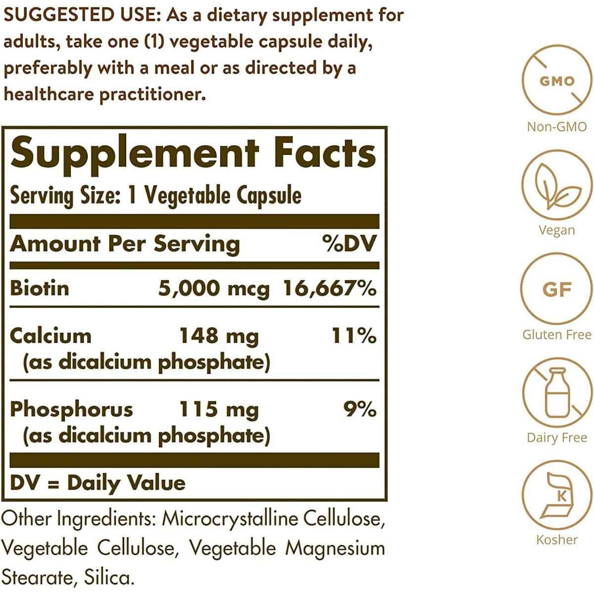 Información del suplemento de Solgar biotina 5000 mcg, variante de 100 cápsulas vegetales
