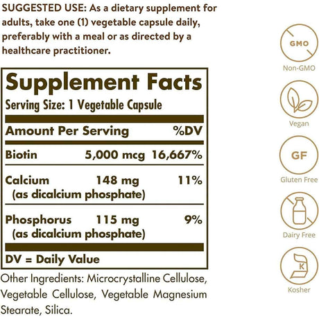 Información del suplemento de Solgar biotina 5000 mcg, variante de 100 cápsulas vegetales