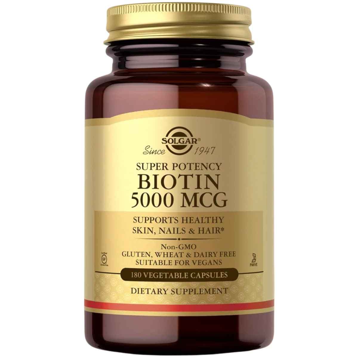 Solgar biotina 5000 mcg, frasco de 180 cápsulas vegetales