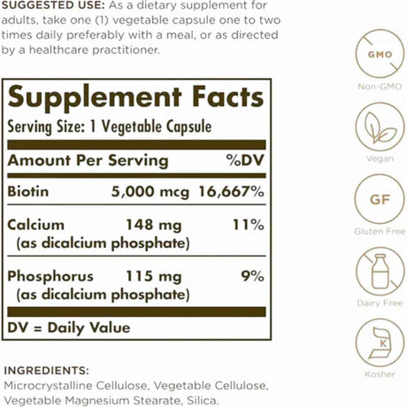 Información del suplemento de Solgar biotina 5000 mcg, variante de 50 cápsulas vegetales
