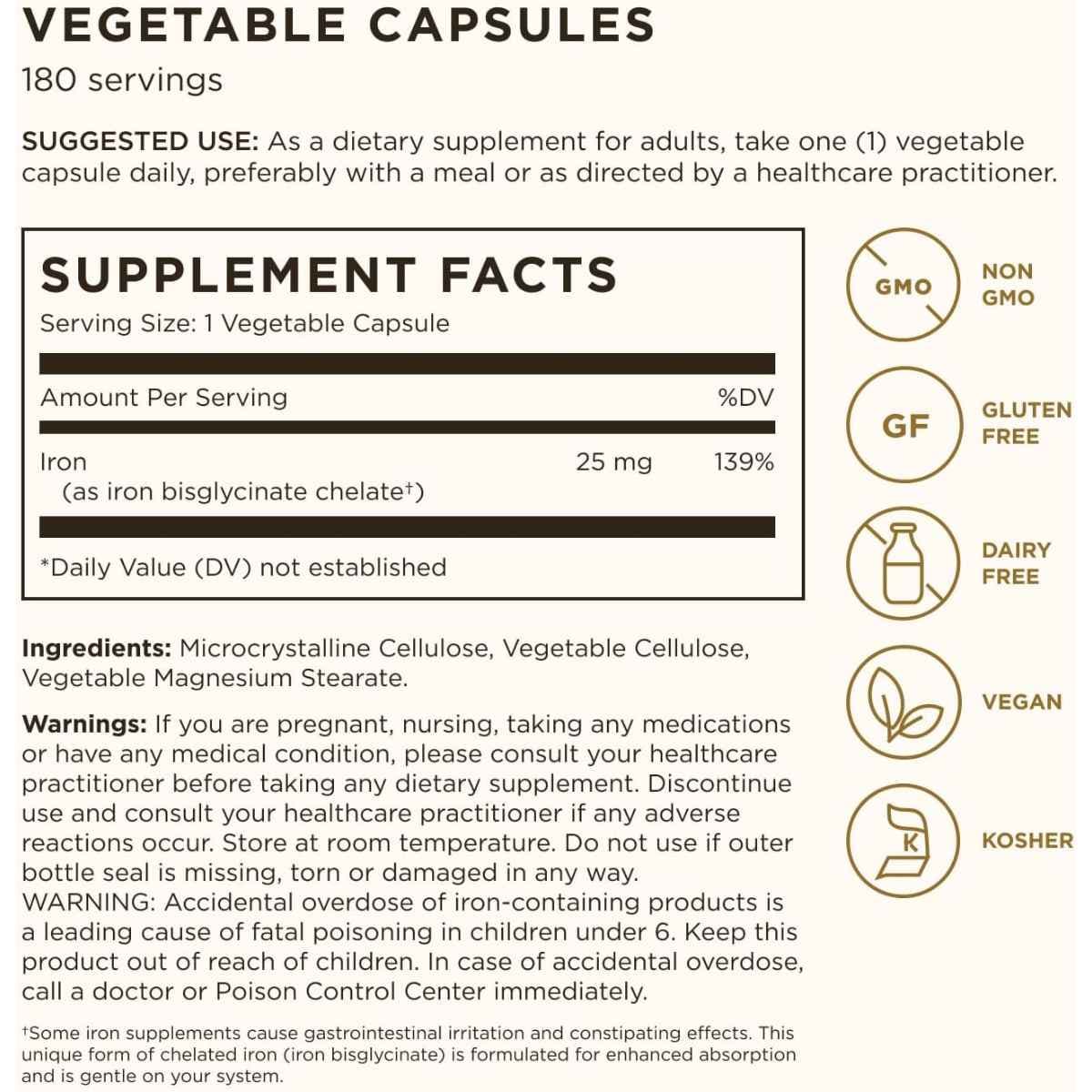 Tabla nutricional del suplemento Solgar Bisglicinato de Hierro 25 mg 180 Cápsulas Vegetales