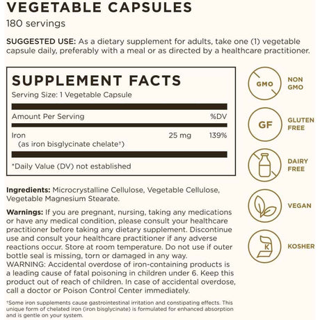 Tabla nutricional del suplemento Solgar Bisglicinato de Hierro 25 mg 180 Cápsulas Vegetales