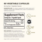 Tabla nutricional del suplemento Solgar Bisglicinato de Hierro 25 mg 90 Cápsulas Vegetales