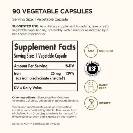 Tabla nutricional del suplemento Solgar Bisglicinato de Hierro 25 mg 90 Cápsulas Vegetales