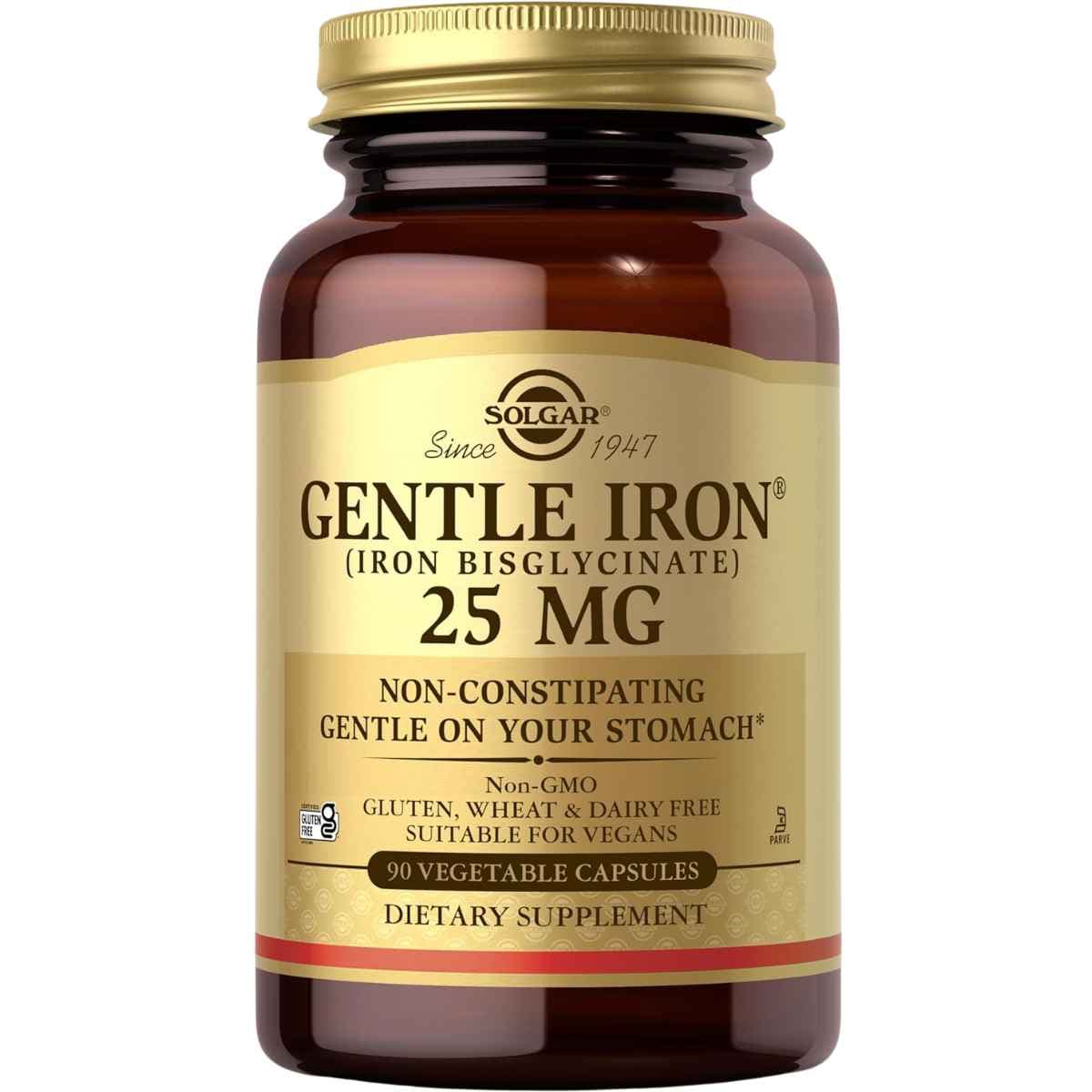 Frasco de suplemento Solgar Bisglicinato de Hierro 25 mg 90 Cápsulas Vegetales