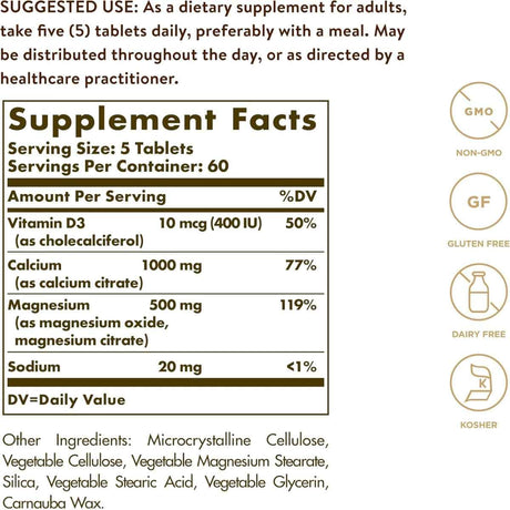 Tabla nutricional del suplemento Solgar Calcio Magnesio con Vitamina D3 300 tabletas